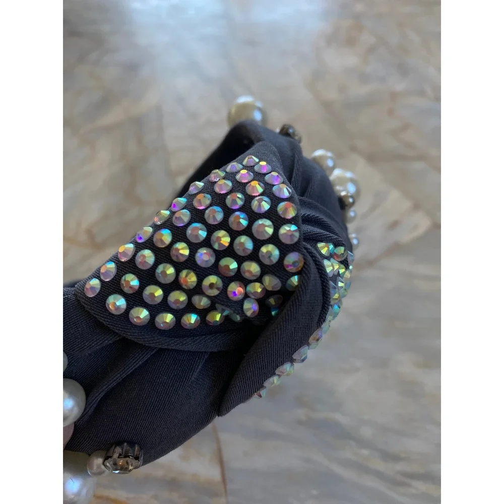 Charcoal Gray Knotted Headband with Faux Pearls Crystals and AB Rhinestones